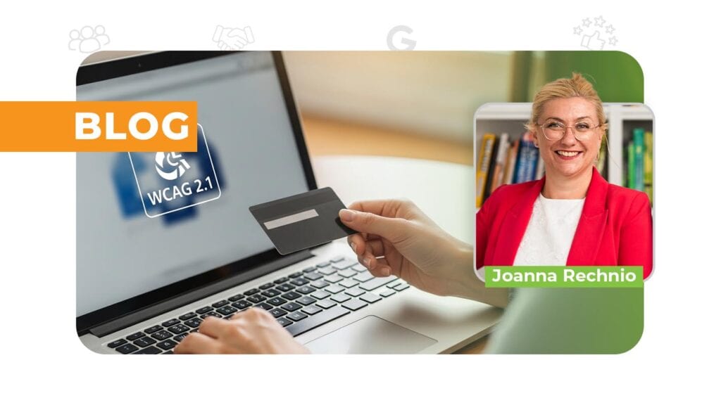 Osoba wykonujaca zakupy w sklepie internetowym na laptopie, na którego ekranie znajduje się znać dostępności oraz WCAG 2.1.