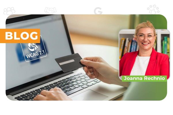 Osoba wykonujaca zakupy w sklepie internetowym na laptopie, na którego ekranie znajduje się znać dostępności oraz WCAG 2.1.